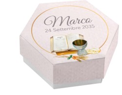 Scatolina porta confetti personalizzata esagonale decoro calice e bibbia