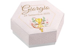 Scatolina porta confetti personalizzata esagonale decoro calice con rosario e rami ulivo