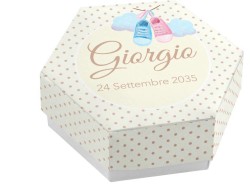 Scatolina porta confetti personalizzata esagonale bianca pois con scarpette