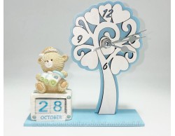 Bomboniera nascita e battesimo mariella martini Albero della vita sveglia con orsetto e calendario azzurro e bianco