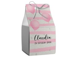 Scatolina porta confetti personalizzata quadrata rosa decoro palloncini