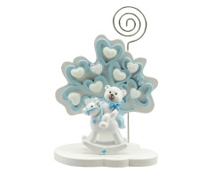 Segnaposto Battesimo Harmony 2024 albero della vita cuori celeste piccolo con orsetto boy su cavalluccio resina
