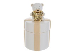 Bomboniera Scatola Orsetto in Porcellana Bianco con Fiocco Dorato