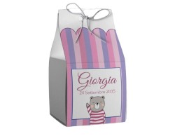 Scatolina porta confetti personalizzata quadrata righe sfumatura rosa con orsetto