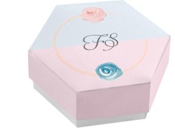 Scatolina porta confetti personalizzata esagonale blu rosa decoro floreale blu rosa