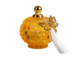 Bomboniera Matrimonio Harmony Candela in Vetro color ambra Profumata vaniglia con Tassel e Farfallina Oro