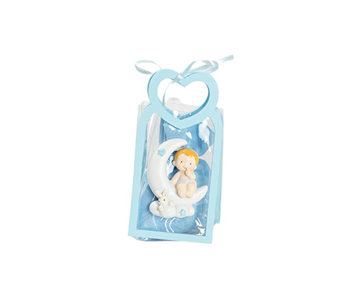 Harmony BUSTINA PU CELESTE CON MANICO CUORE CON MAGNETE BIMBO SU LUNA 2 ASS. CON SACCHETTO su Bomboniere Dolci Emozioni