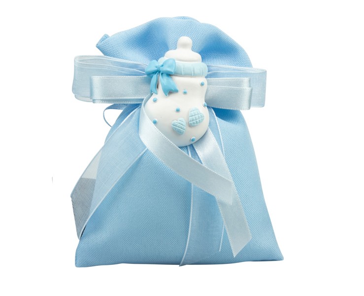 Sacchetto harmony 2024 con magnete resina sonoglio-biberon boy assortito in 2 modelli su Bomboniere Dolci Emozioni
