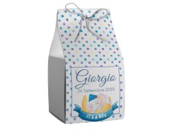 Scatolina porta confetti personalizzata quadrata a pois blu con elefantino