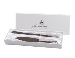 Bomboniera Matrimonio harmony SET PALA E COLTELLO TORTA SILVER DEC. DOPPIO CUORE CON STRASS CON GIFT BOX INCLUSO