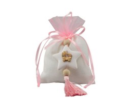 sacchetto cotone bicolore con applicazione stella gessetto e biberon legno rosa