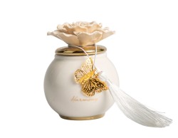 Bomboniera Matrimonio Harmony Scatola Tonda in Porcellana Bianca con Coperchio Oro e Fiore Tortora media