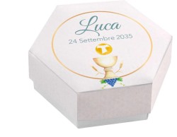 Scatolina porta confetti personalizzata esagonale decoro calice con rosario e uva