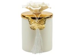 Bomboniera Matrimonio Harmony scatola porcellana bianca media con coperchio oro e fiore bianco con  candela profumata