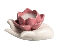 Bomboniera Matrimonio Harmony Candela Fiore rosa su Mano in Porcellana Bianca