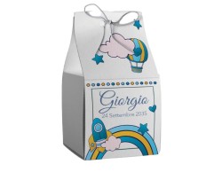 Scatolina porta confetti personalizzata quadrata decoro arcobaleno mongolfiera e razzo toni blu