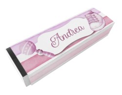 Scatolina porta confetti personalizzata rettangolare rosa con scarpetta e maracas