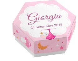 Scatolina porta confetti personalizzata esagonale rosa con elefantino cullato