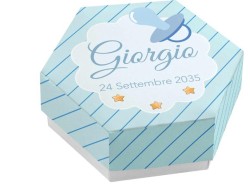 Scatolina porta confetti personalizzata esagonale blu con righe e ciuccio