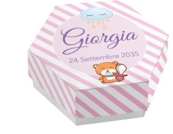 Scatolina porta confetti personalizzata esagonale strisce rosa con orsacchiotto e nuvola