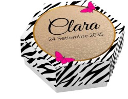 Scatolina porta confetti personalizzata eagonale trama zebrata con farfalle rosa
