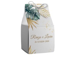 Scatolina porta confetti personalizzata quadrata decoro foglie oro verde