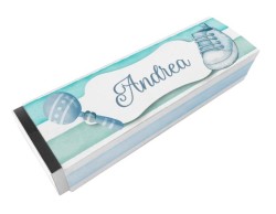 Scatolina porta confetti personalizzata rettangolare blu con scarpetta e maracas