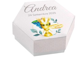 Scatolina porta confetti personalizzata esagonale decoro calice pane uva e rami ulivo