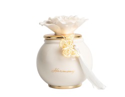 Bomboniera Matrimonio Harmony Scatola Tonda in Porcellana Bianca con Coperchio Oro e Fiore Bianco medio