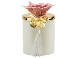 Bomboniera Matrimonio Harmony scatola porcellana bianca media con coperchio oro e fiore fucsia con candela profumata