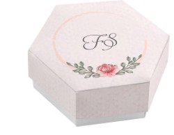 Scatolina porta confetti personalizzata esagonale decoro floreale rosa con foglie
