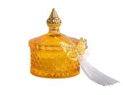 Bomboniera Matrimonio Harmony Candela in Vetro Profumata vaniglia con potiche ambra con Tassel e Farfallina Oro