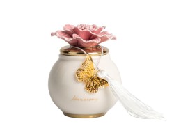 Bomboniera Matrimonio Harmony Scatola Tonda in Porcellana Rosa con Coperchio Oro e Fiore rosa