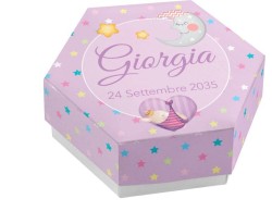 Scatolina porta confetti personalizzata esagonale rosa con stelle luna e animaletto cuore