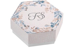 Scatolina porta confetti personalizzata esagonale decoro floreale blu e tortora