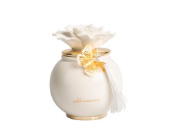 Bomboniera Matrimonio Harmony Scatola Tonda in Porcellana Bianca con Coperchio Oro e Fiore Bianco grande