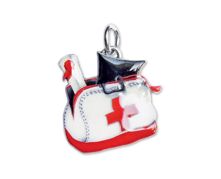 Bomboniera Laurea Medicina ciondolo in bagno argento borsa dottore smaltato con sacchetto su Bomboniere Dolci Emozioni