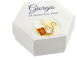 Scatolina porta confetti personalizzata esagonale decoro bibbia pastorale e colomba