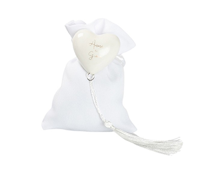 Harmony COMUNIONE MAGNETE CUORE BIANCO CON TASSEL CON 2 FRASI ASSORTITE CON SACCHETTO su Bomboniere Dolci Emozioni