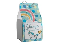 Scatolina porta confetti personalizzata quadrata arcobaleno e unicorno blu