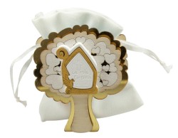 Sacchetto harmony 2024 juta bianco con legno albero della vita e simbolo Cresima
