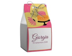 Scatolina porta confetti personalizzata quadrata rosa con torta stilizzata