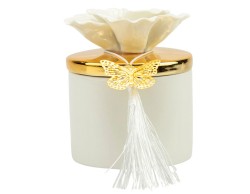 Bomboniera Matrimonio Harmony scatola porcellana bianca piccola con coperchio oro e fiore bianco con candela profumata