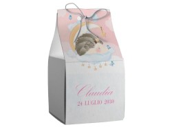 Scatolina porta confetti personalizzata quadrata rosa con riccio su nuvola e luna