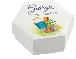 Scatolina porta confetti personalizzata esagonale decoro calice e bibbia pane uva