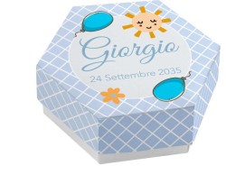 Scatolina porta confetti personalizzata esagonale blu con sole e palloncini