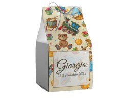 Scatolina porta confetti personalizzata quadrata panna decoro giochi vari