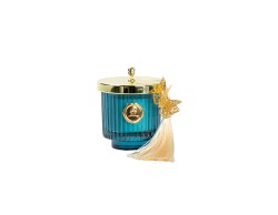 Bomboniera Matrimonio harmony CANDELA VETRO PROFUMATA CILINDRO BLU CON TASSEL FARFALLA METALLO BOX