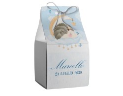 Scatolina porta confetti personalizzata quadrata blu riccio su nuvola e luna