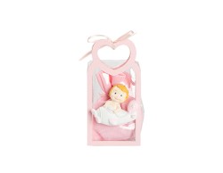Harmony BUSTINA PU ROSA CON MANICO CUORE CON MAGNETE BIMBA SU AUTOMEZZI 3 ASS. CON SACCHETTO su Bomboniere Dolci Emozioni